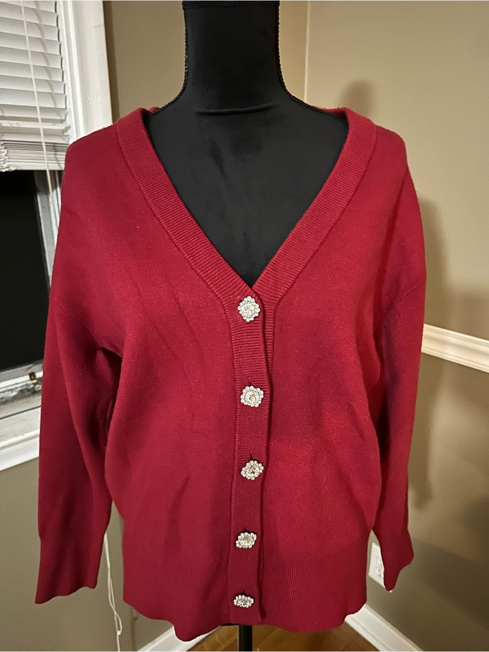 Tahari Red V-Neck Cardigan with Rhinestone Buttons - Picture 2 of 7
